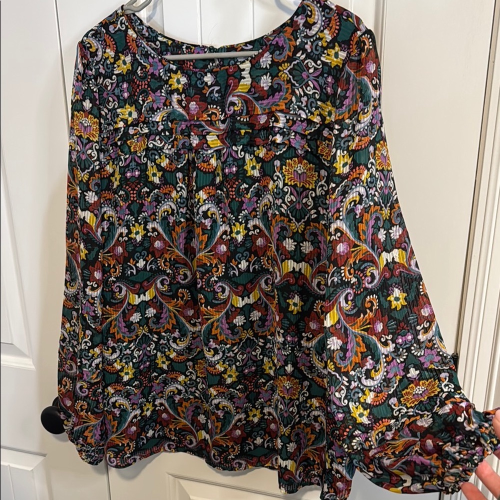 LOFT Black and Red Puff Sleeve Top with Graphic Design